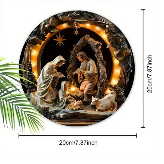 Virgin Mary Nativity Scene Metal Tin Sign with 2D Relief Effect of Jesus, Round, for Christmas.
