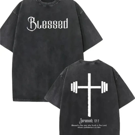 Vintage Washed Blessed Cross Barbell Print T-Shirt Casual Oversized Crew Neck Short Sleeve Christian Gym Streetwear Tops
