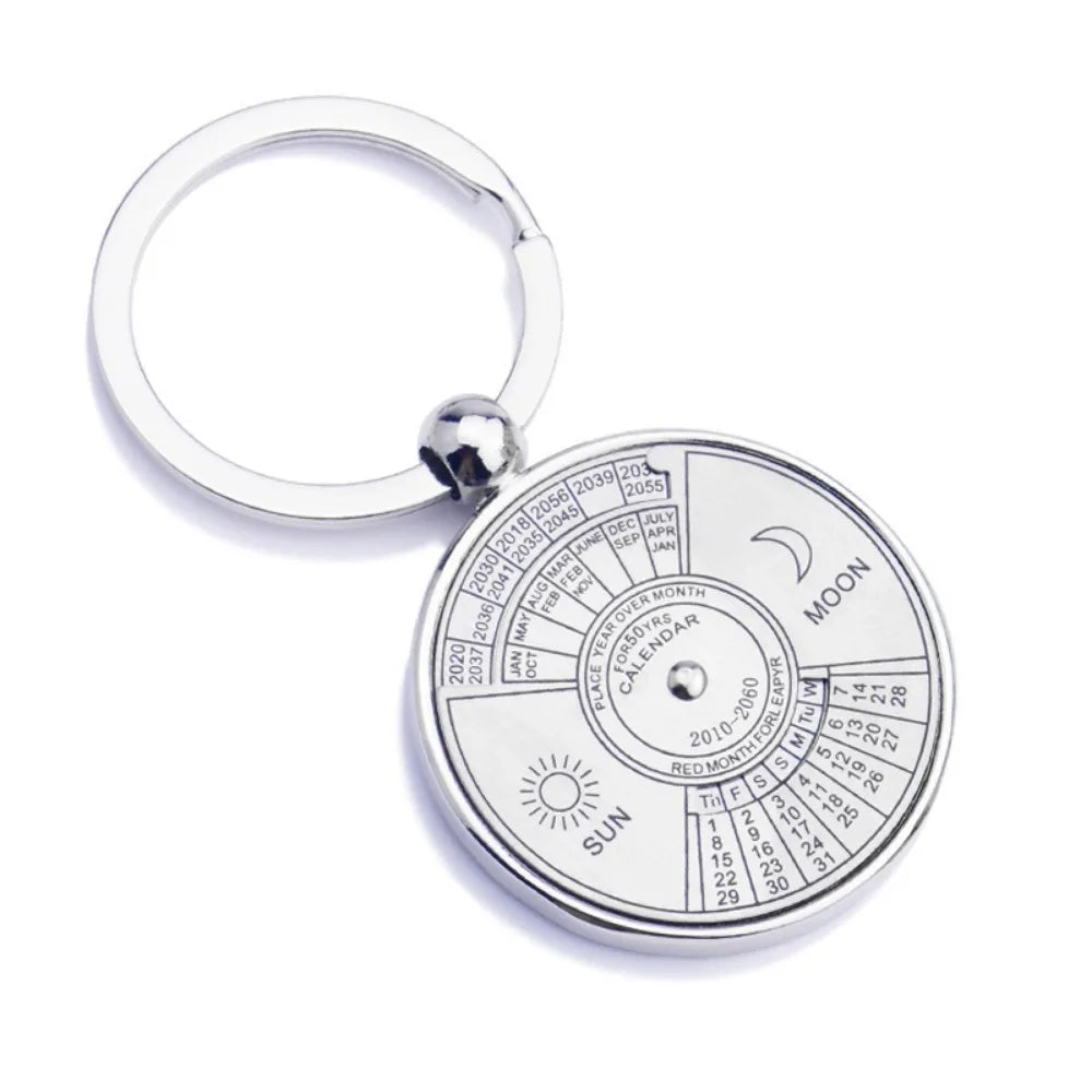 New Unique 50 Years Super Perpetual Calendar Keychain Sun and Moon Engraved Metal Keyring Astrology Jewelry Car Trend Keychain