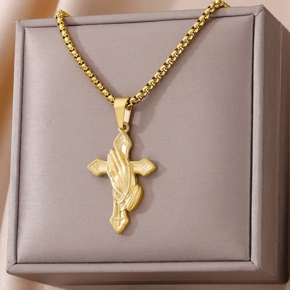 Gold Color Lucky Pendant Necklace For Women Stainless Steel Jewelry Aesthetic Accessorie Charm Choker Cross Goddess Necklaces