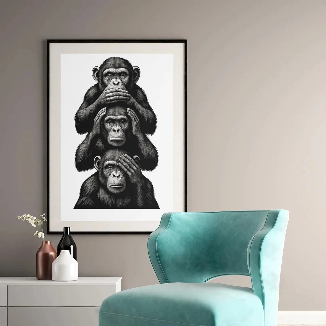 Three Wise Monkeys Wall Art, See No Evil Hear No Evil Speak No Evil Poster, Black and White Illustration, Printable Animal Decor