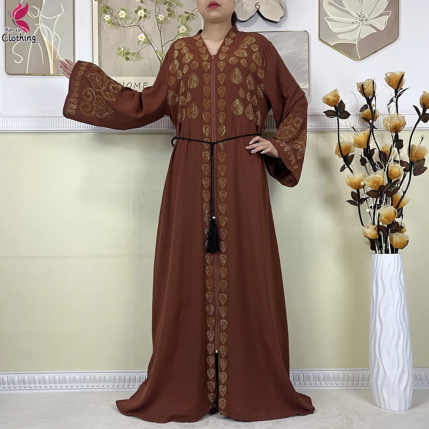 New Style Women Muslim Dress Chiffon Open Abaya 2024 Dubai Women Elegant Dress Islamic Clothing Zipper Cardigan Abaya With Scarf