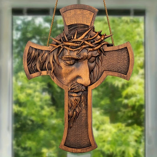 2D Flat Retro Wooden Cross Decoration with Thorn Crown Jesus Christian Statue Wall Hanging for Religious Christmas Room Decor
