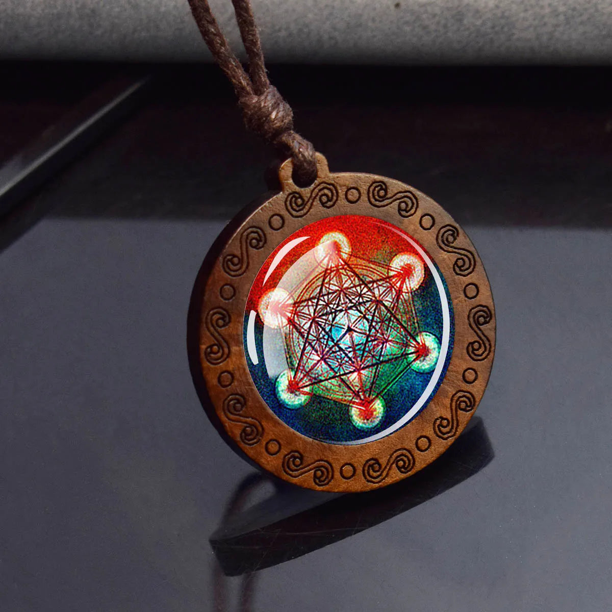 Sri Yantra Mandala Glass Necklace Wood Pendant Buddhist Sacred Geometry Jewelry Spiritual Yoga Gift