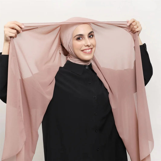 Premium Chiffon Hijab With Bulit-in Magnets Solid Color Easy To Wear Shawl Wrap With Undercap For Muslim Women