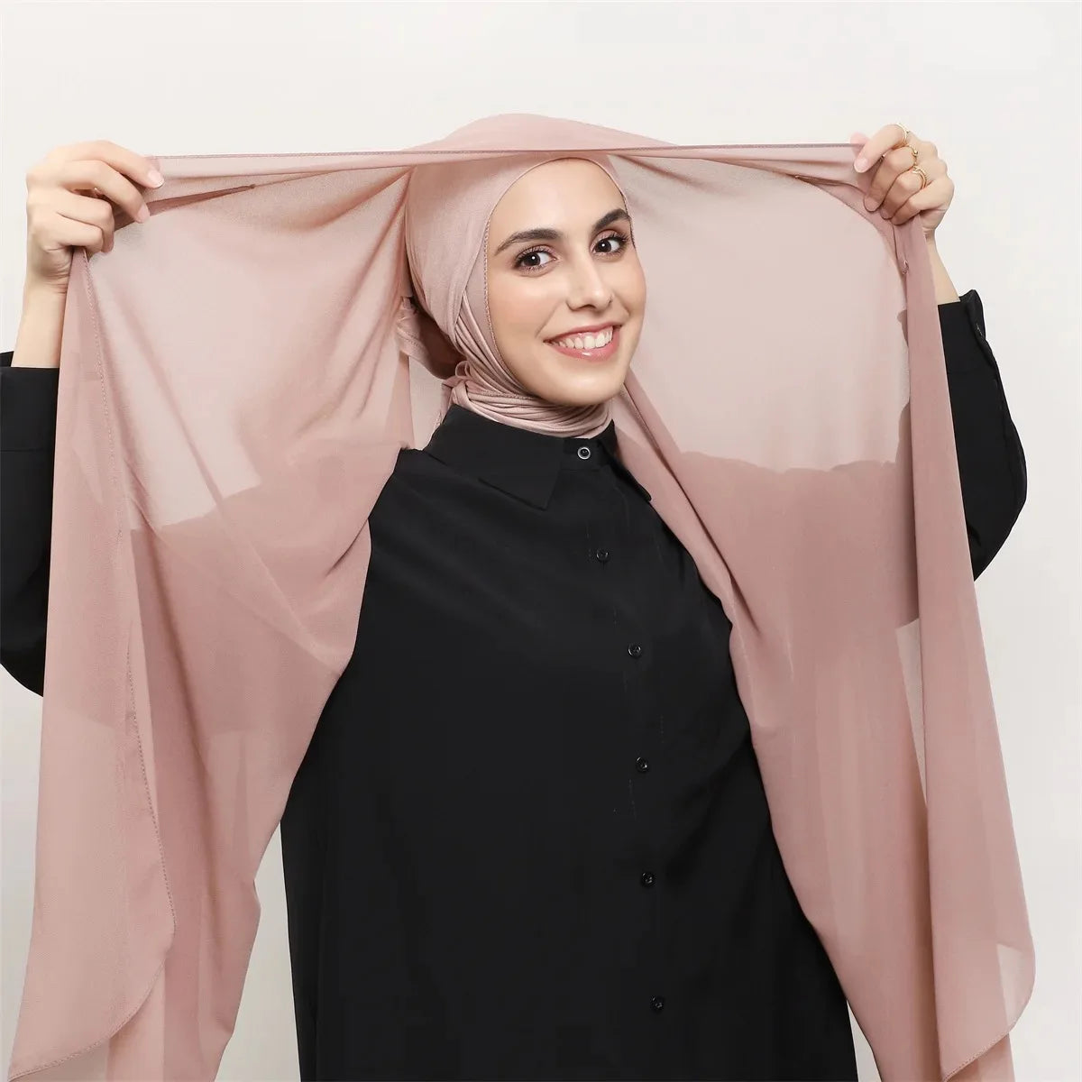 Premium Chiffon Hijab With Bulit-in Magnets Solid Color Easy To Wear Shawl Wrap With Undercap For Muslim Women