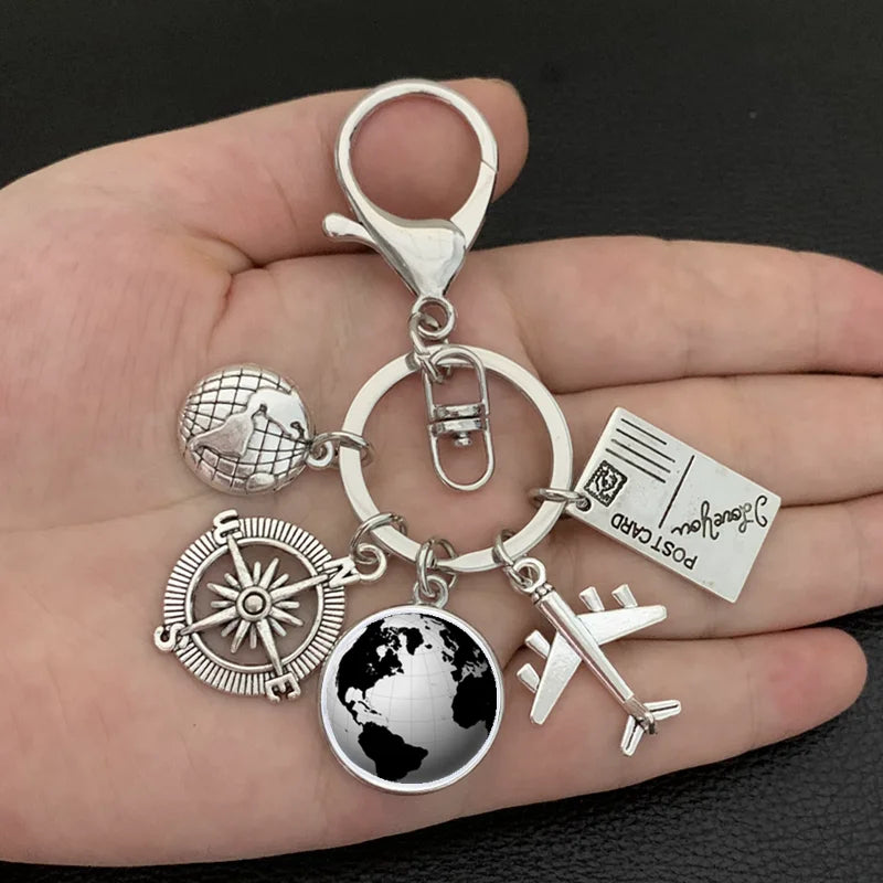 New ideas Earth plane keychain pendant earth compass personality memorial key ring gift for travel lovers