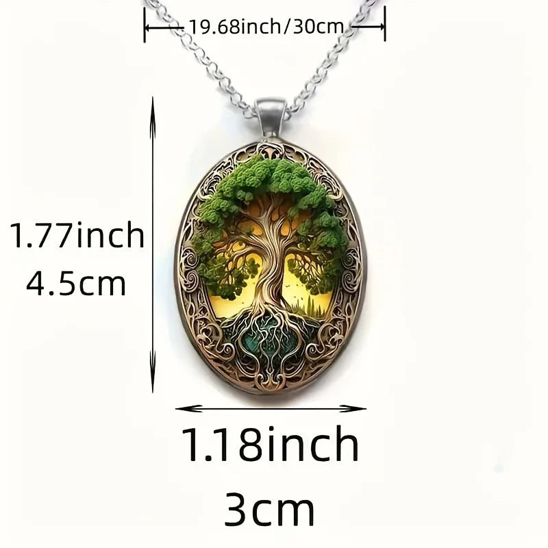 New Fashionable and Elegant Tree of Life Pattern Elliptical Glass Alloy Pendant Necklace Jewelry Wholesale