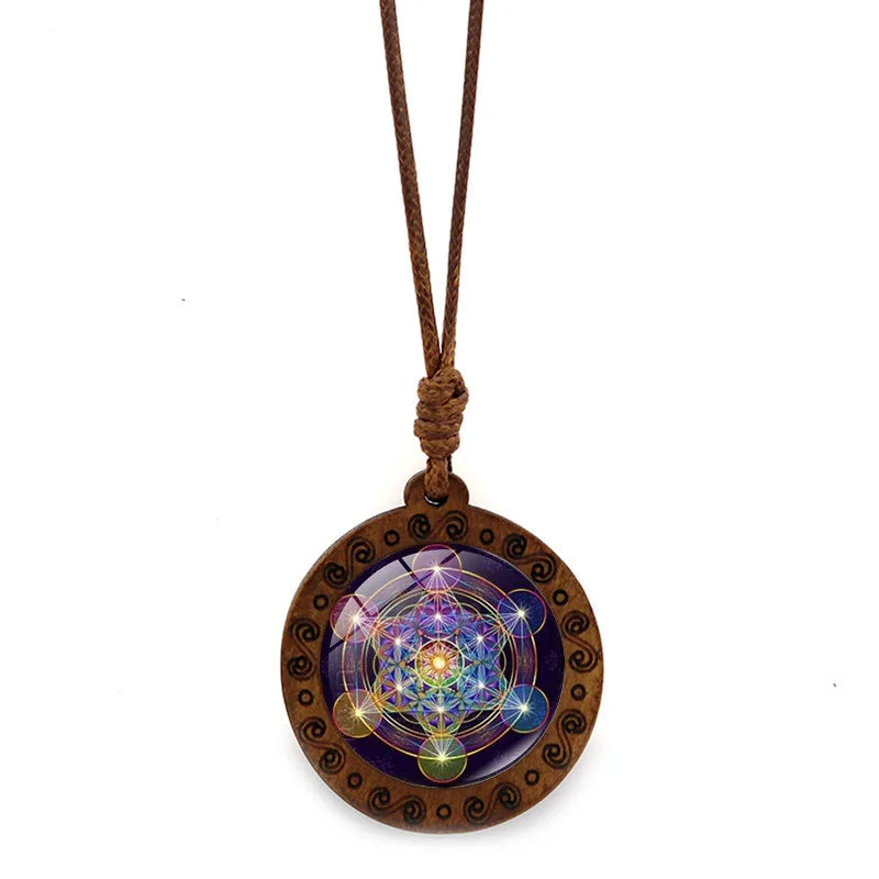 Vintage Archangel Metatron Cube Wooden Necklace Sacred Geometry Hexagram Sri Yantra Amulet Jewelry
