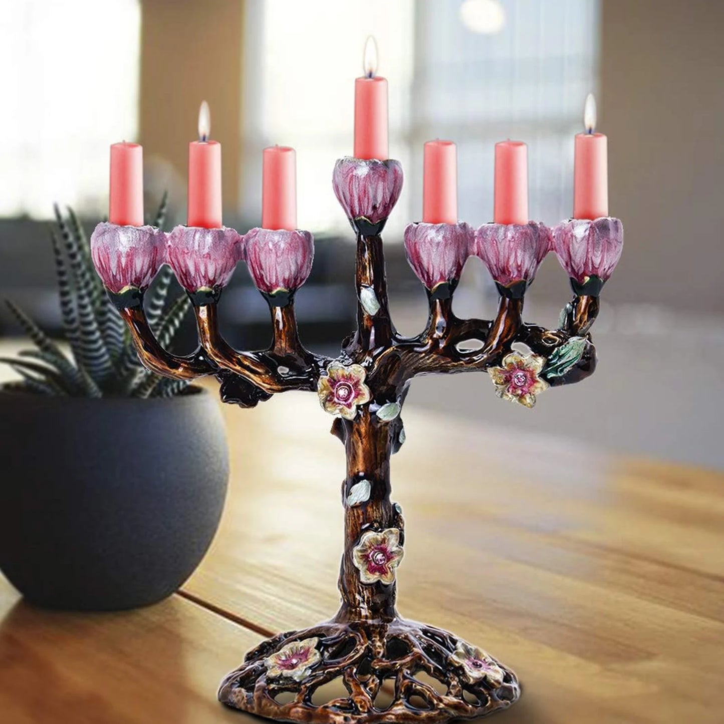 Tree of Flower 7 Branch Candle Holder for Hanukkah Menorah Candelabrum Candlestick Stand for Christmas Party Wedding Celebration