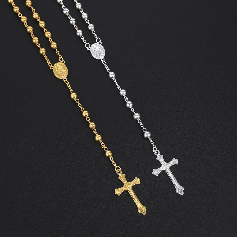 Gold Color Rosary Necklace For Women Men Long 6MM Beads Chain Crucifix Cross Pendant Religious Prayer Party Jewelry Gift