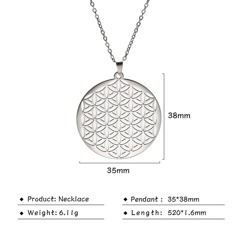 Flower of Life Sacred Geometry Necklace Stainless Steel Mandala Neck Chain Women Men Vintage Universal Spiritual Jewelry
