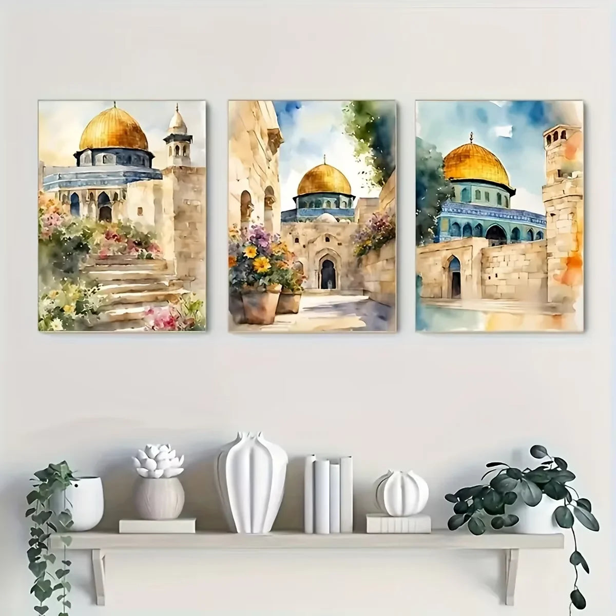 3pcs Al-Aqsa Mosque Canvas Art Prints, Retro Waterproof Unframed Wall Decor for Living Room, Bedroom, Office, Cafe, Bar - Framel
