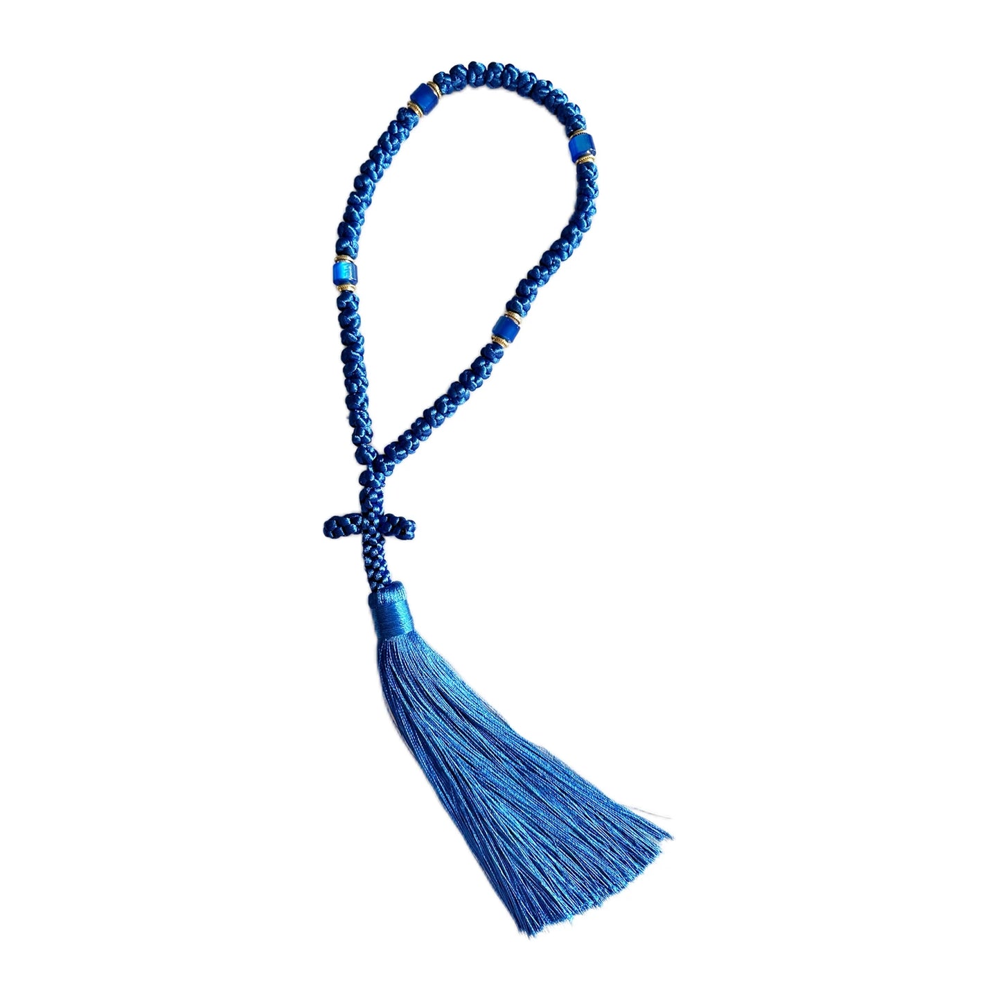 Handmade 50 knot Black Chotki Christian Orthodox Prayer Rope, Blue Greek Omboskoini Protection Blessing Cross Greek Car Hanging