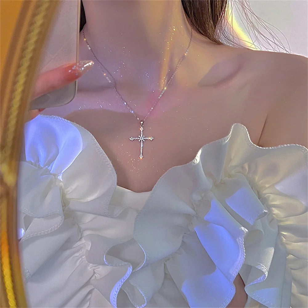 2025 Elegant Crystal Cross Pendant Necklace Silver Color Star Ladies Necklace Fashion Party Jewelry Women Gift Wholesale