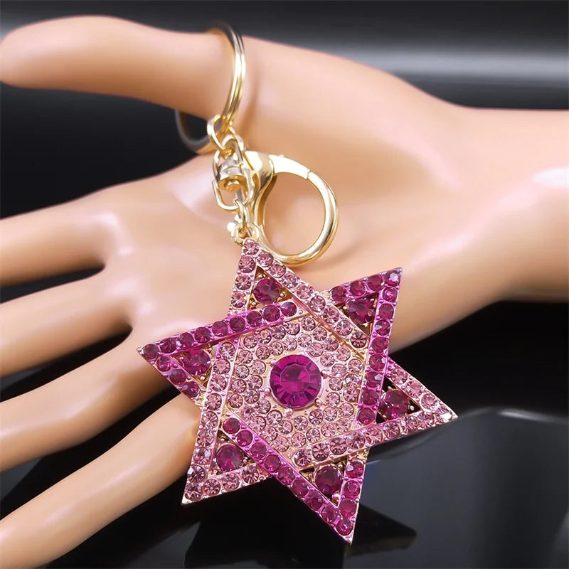 Hexagram Star of David Blessing  Keychain for Women Men Pink Rhinestone Gold Color Jewish Key Chains Jewelry chaveiro K9646S01