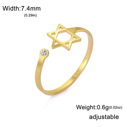 Teamer Jewish Star of David Open Ring with Clear Zircon Stainless Steel Ring Women Hexagram Jewelry Birthday Gift Wholesale