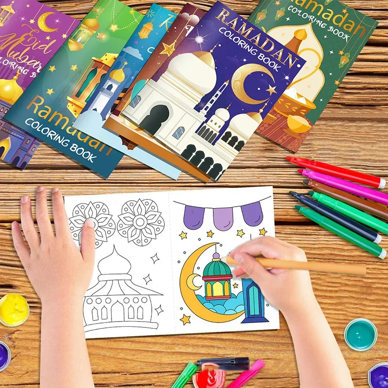 16PCS/1SET Ramadan Eid Mubarak Party Mini Coloring Book for Kids Muslim Festival Graffiti Painting Activity Party Supplies Gift