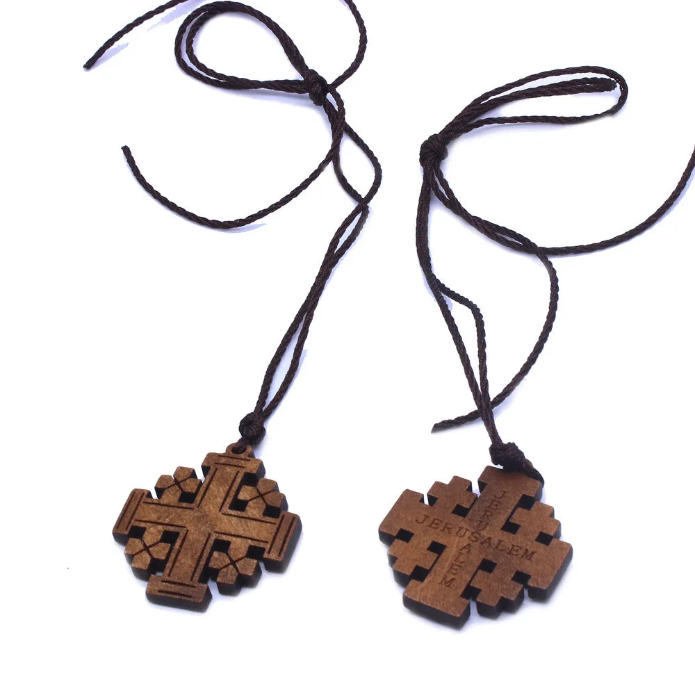 Simple Religious Necklaces Wooden Jerusalem Cross Pendant Necklaces Women Men Christian Religious Prayer Jewelry Accessory Gifts