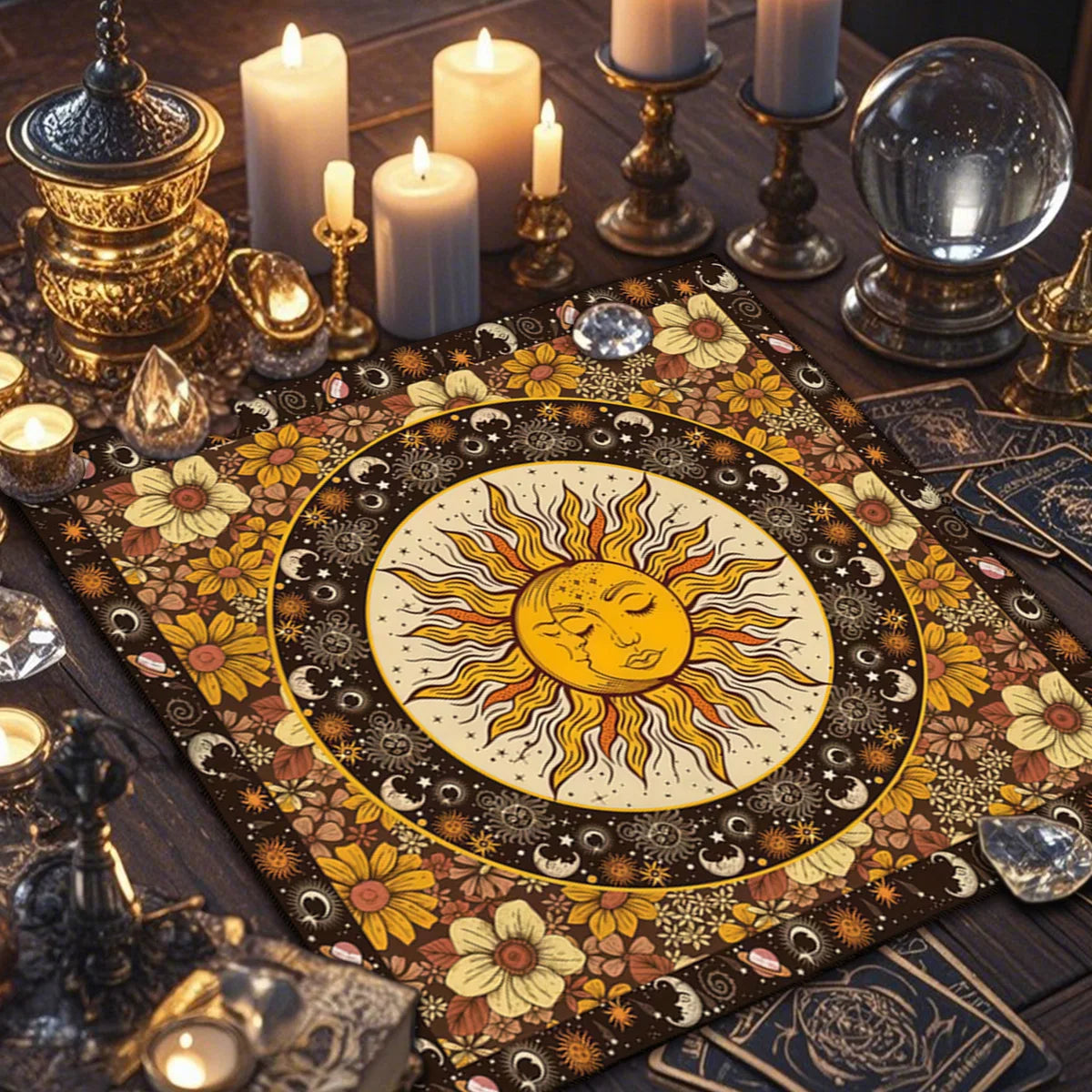 Floral And Sun Tarot Card Tablecloth Altar Cloth Flower Life Spread Tarot Reading Cloth Spiritual Oracle Card Pad