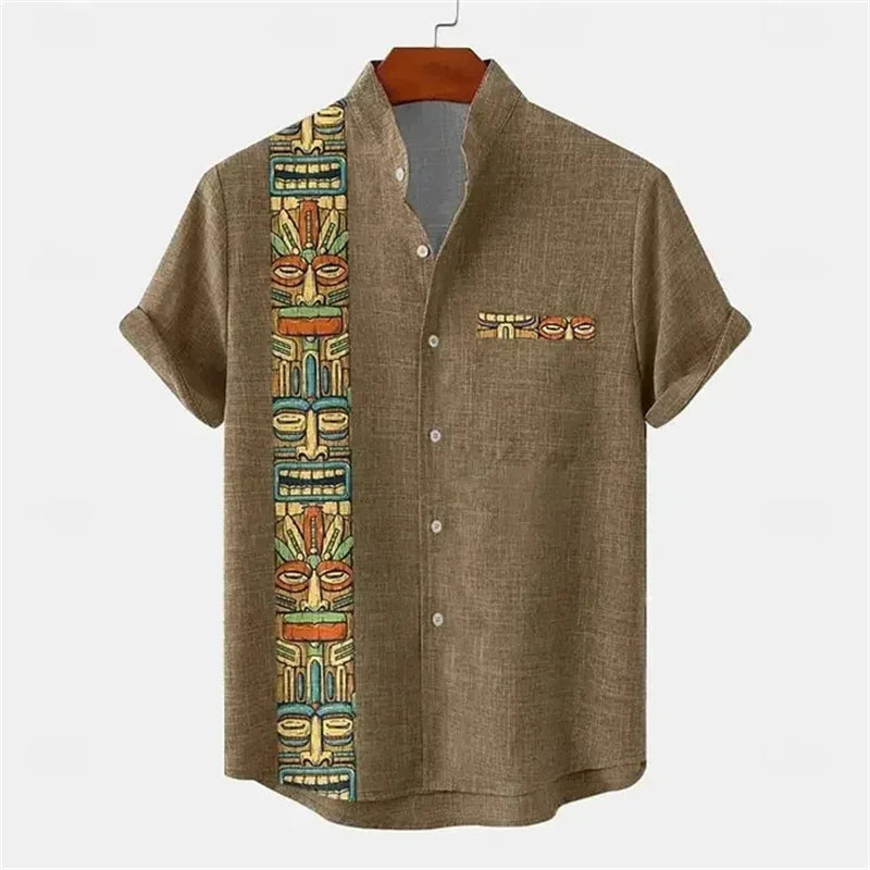Men's shirt ethnic style 3D printing henley shirt, men's fashion button down collar short sleeve, high quality men's tops