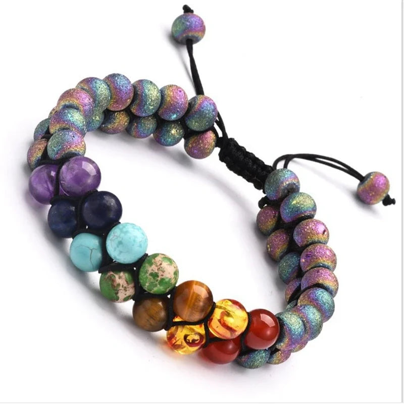 Double Layer 7 Chakra Bracelets for Women Men Indian Yoga Bracelet Chakra Pray Lava Stone Beads Bangles Bracelet Healing Jewelry