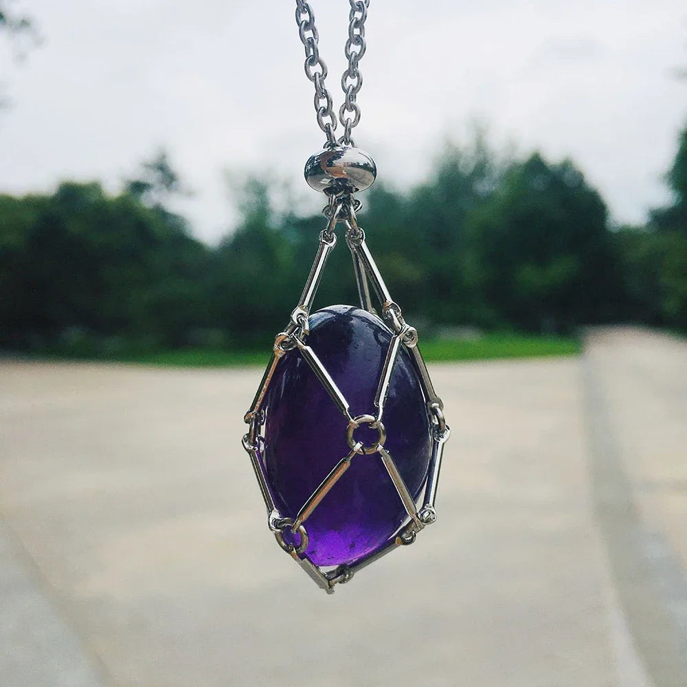 Natural Healing Crystal Raw Stone Net Pocket Pendant Necklace Energy Reiki Pendant Stainless Steel Chain Healing Stone Jewelry