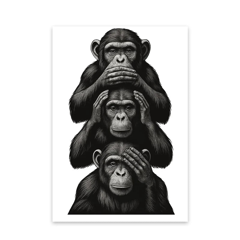 Three Wise Monkeys Wall Art, See No Evil Hear No Evil Speak No Evil Poster, Black and White Illustration, Printable Animal Decor