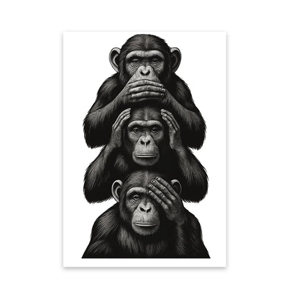 Three Wise Monkeys Wall Art, See No Evil Hear No Evil Speak No Evil Poster, Black and White Illustration, Printable Animal Decor