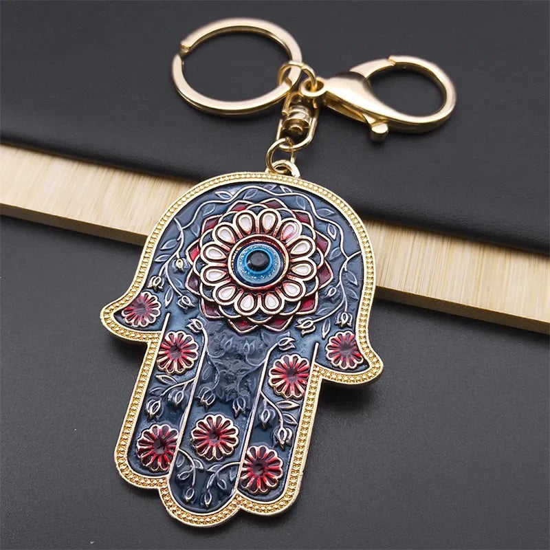 Islam Hand of Fatima Turky Blue Eyes Keychain Lucky Eye Hamsa Hands Flower Keyring Pendant Men Women Jewelry chaveiro para carro