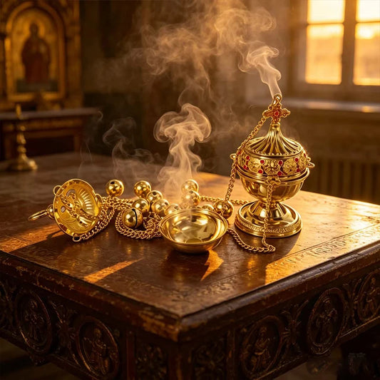 Byzantine Gold Plated Orthodox Hanging Incense Burner with Bells Enamel for Church Liturgy Home Altar Prayer Christian Decor