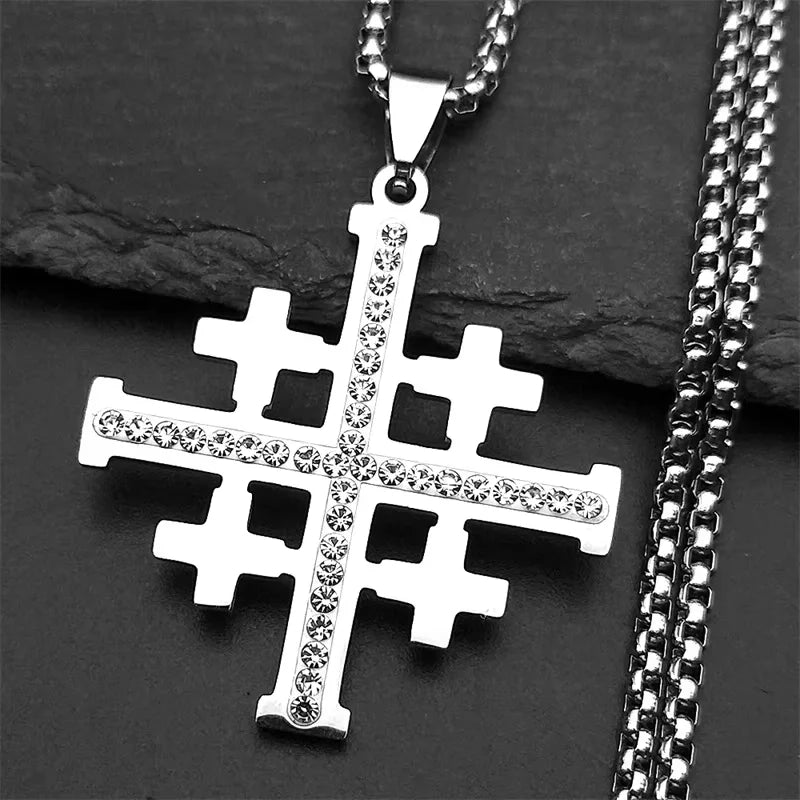 Christian Jerusalem Cross Pendant Necklace for Men Women Stainless Steel Bible Verse Lord's Prayer Chain Jewelry collar N3239S02