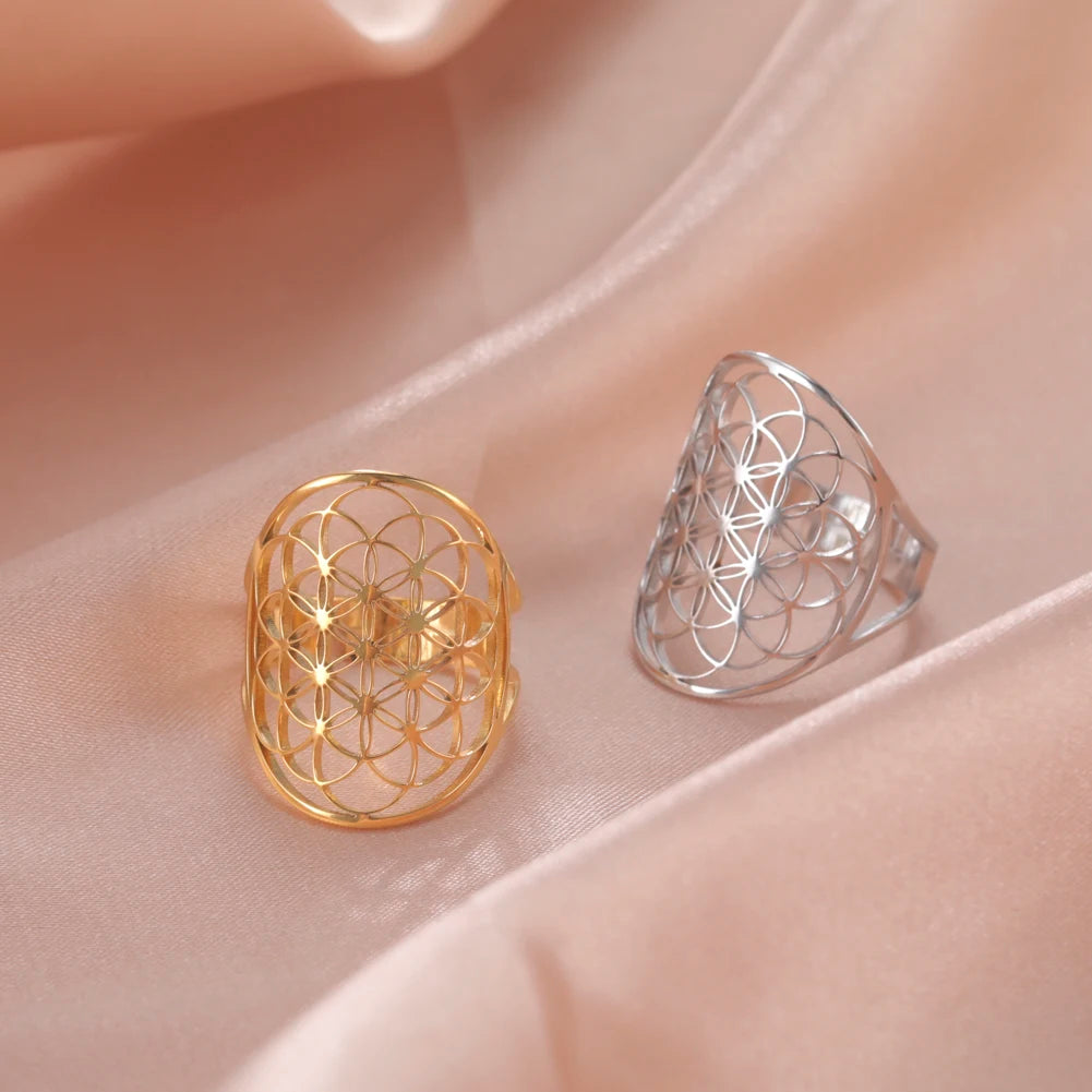 Unift Sacred Geometry Flower of Life Ring Adjustable Stainless Steel Ring Men Women Accessories Vintage Filigree Jewelry Gifts