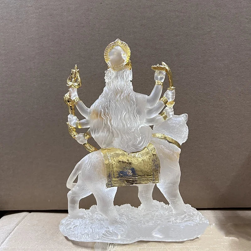 Indian Goddess Durga Statue - Resin Water Glass Figurine Riding Tiger & Lion for Worship