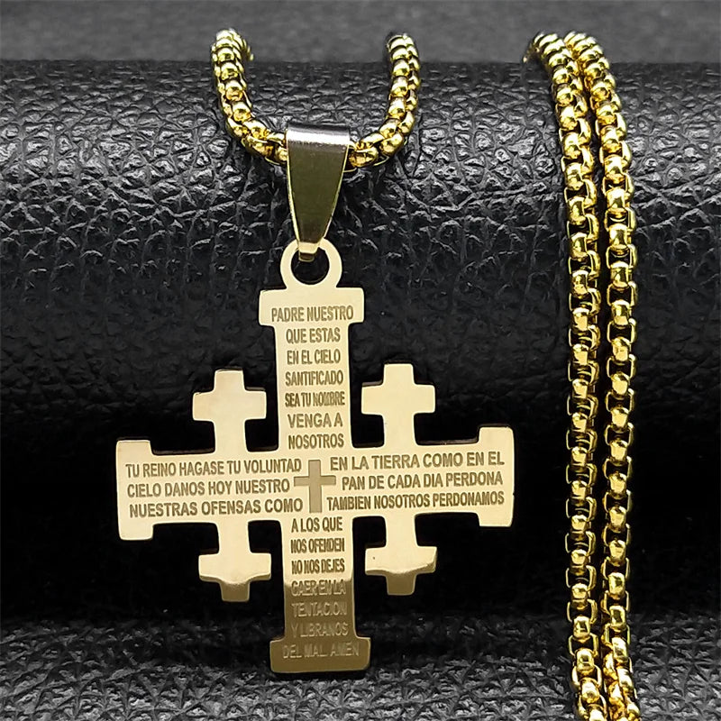 Christian Jerusalem Cross Pendant Necklace for Men Women Stainless Steel Bible Verse Lord's Prayer Chain Jewelry collar N3239S02