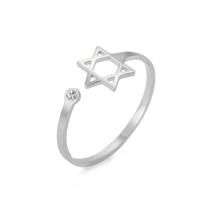 Dreamtimes Star of David Rings for Women Stainless Steel Adjustable Open Rings with Clear Zircon Hexagram Jewish Ring Jewelry