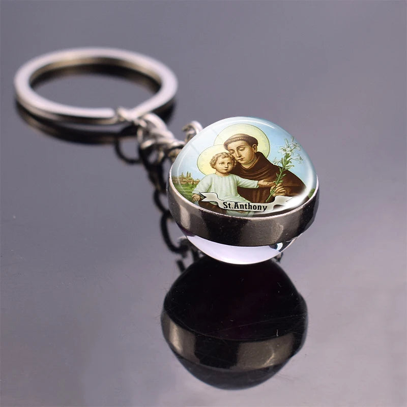 Religious Keychain St Francis Double Sided Key Chains Catholic Glass Ball Pendant Keyring Jewelry Keychain Jesus Christian Gifts