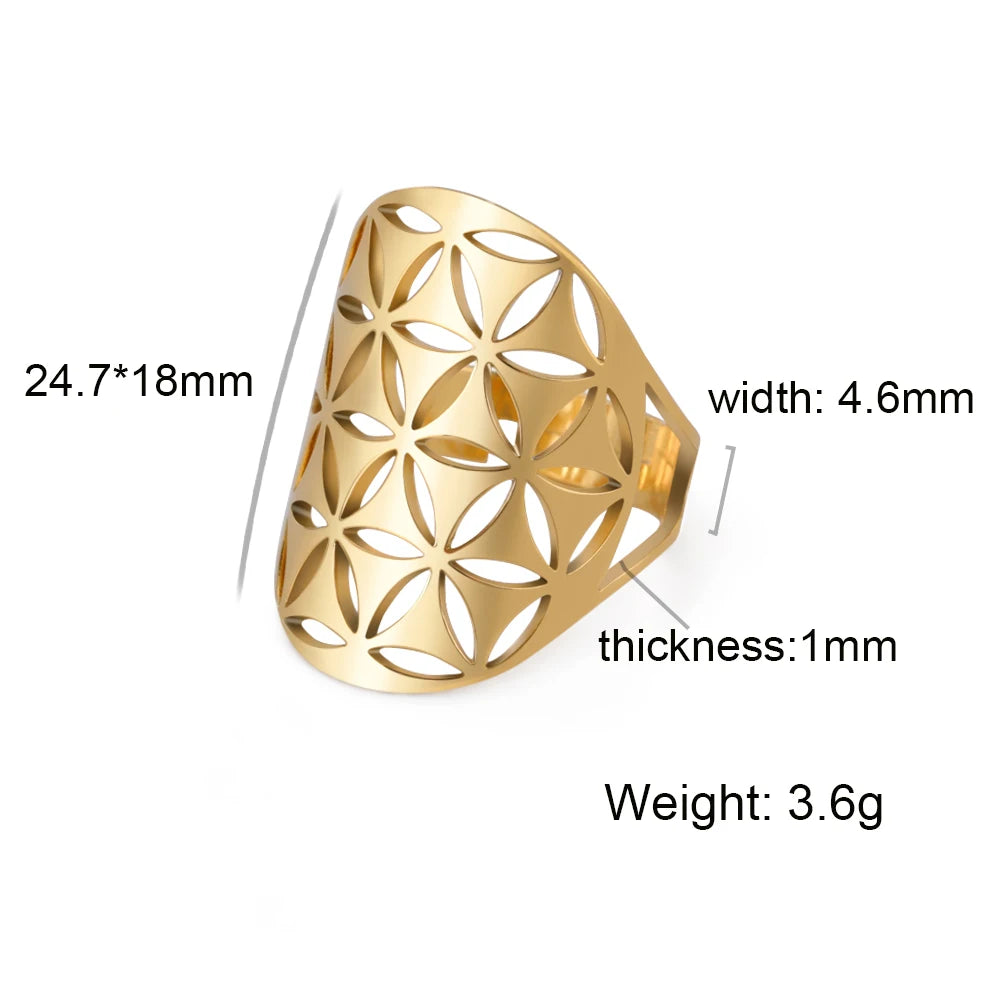 Unift Sacred Geometry Flower of Life Ring Adjustable Stainless Steel Ring Men Women Accessories Vintage Filigree Jewelry Gifts