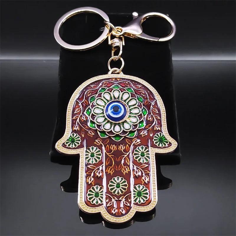 Islam Hand of Fatima Turky Blue Eyes Keychain Lucky Eye Hamsa Hands Flower Keyring Pendant Men Women Jewelry chaveiro para carro