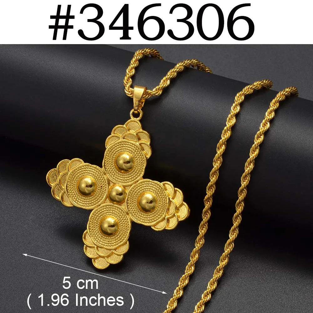 Anniyo Ethiopian Cross Pendant Necklaces for Women Girls Gold Color Habesha Eritrean African Ethnic Traditional Jewelry #346106