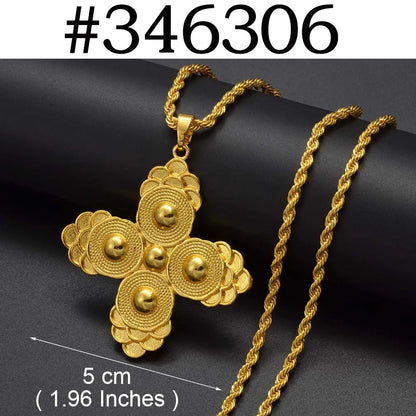 Anniyo Ethiopian Cross Pendant Necklaces for Women Girls Gold Color Habesha Eritrean African Ethnic Traditional Jewelry #346106