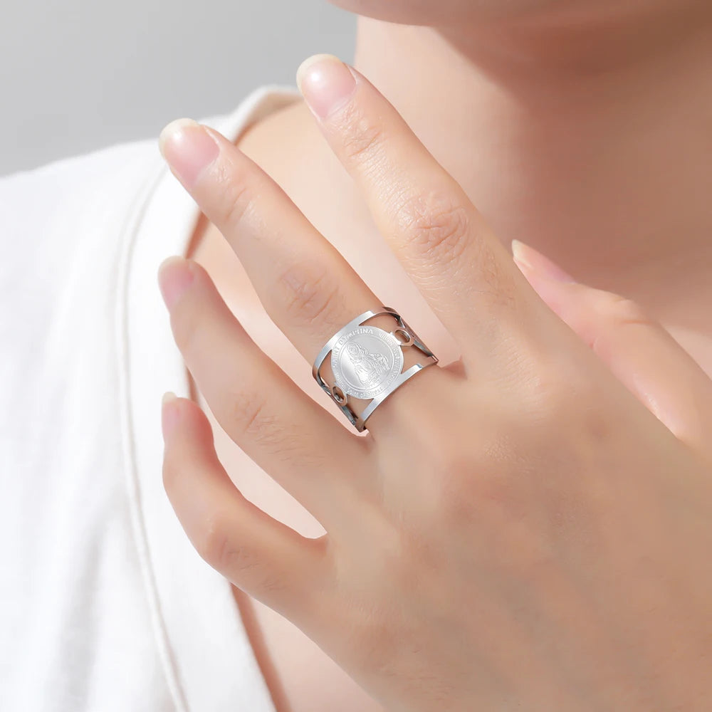 Dawapara Saint Dymphna Women Ring Adjustable Religious Protector Ring Prayer Blessing Stainless Steel Jewelry Christmas Gift
