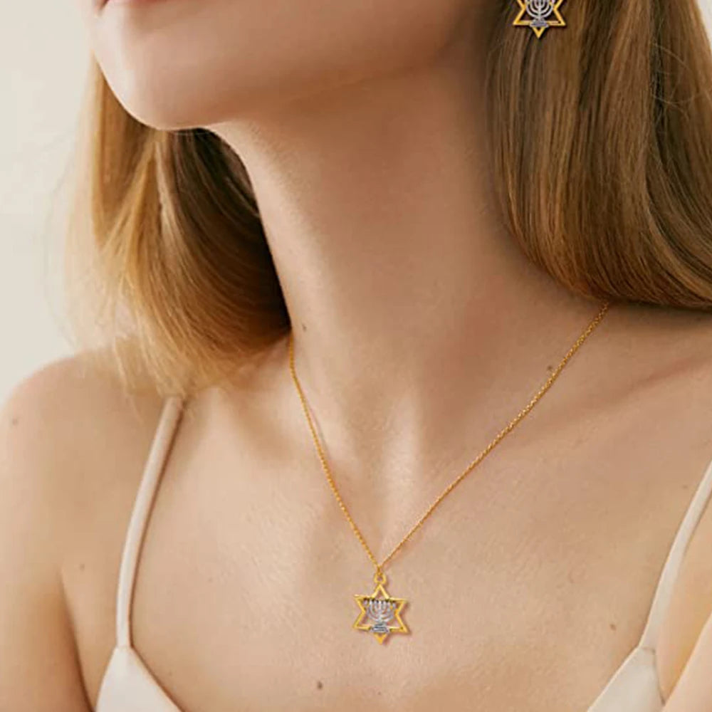 LIKGREAT Star Of David Necklace Menorah Candles Hebrew Jewish Jewelry Israel Faith Lamp Hanukkah Pendant Necklace Amulet Gift