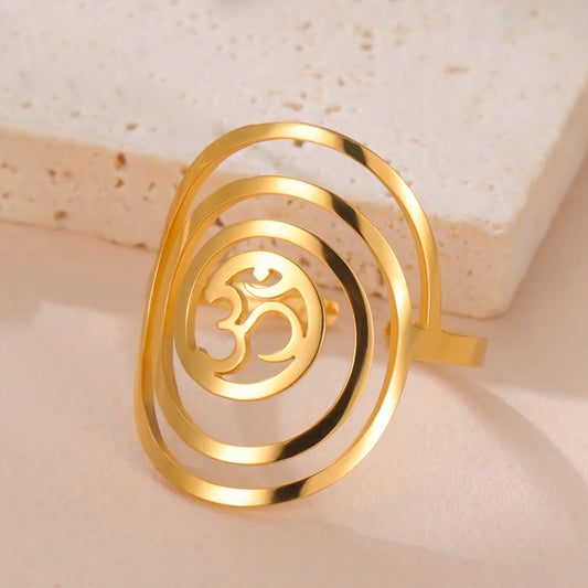Dawapara Buddhism Spiritual OM Ohm Symbol Adjustable Ring Spiral Sacred Geometry Finger Ring Stainless Steel Jewelry
