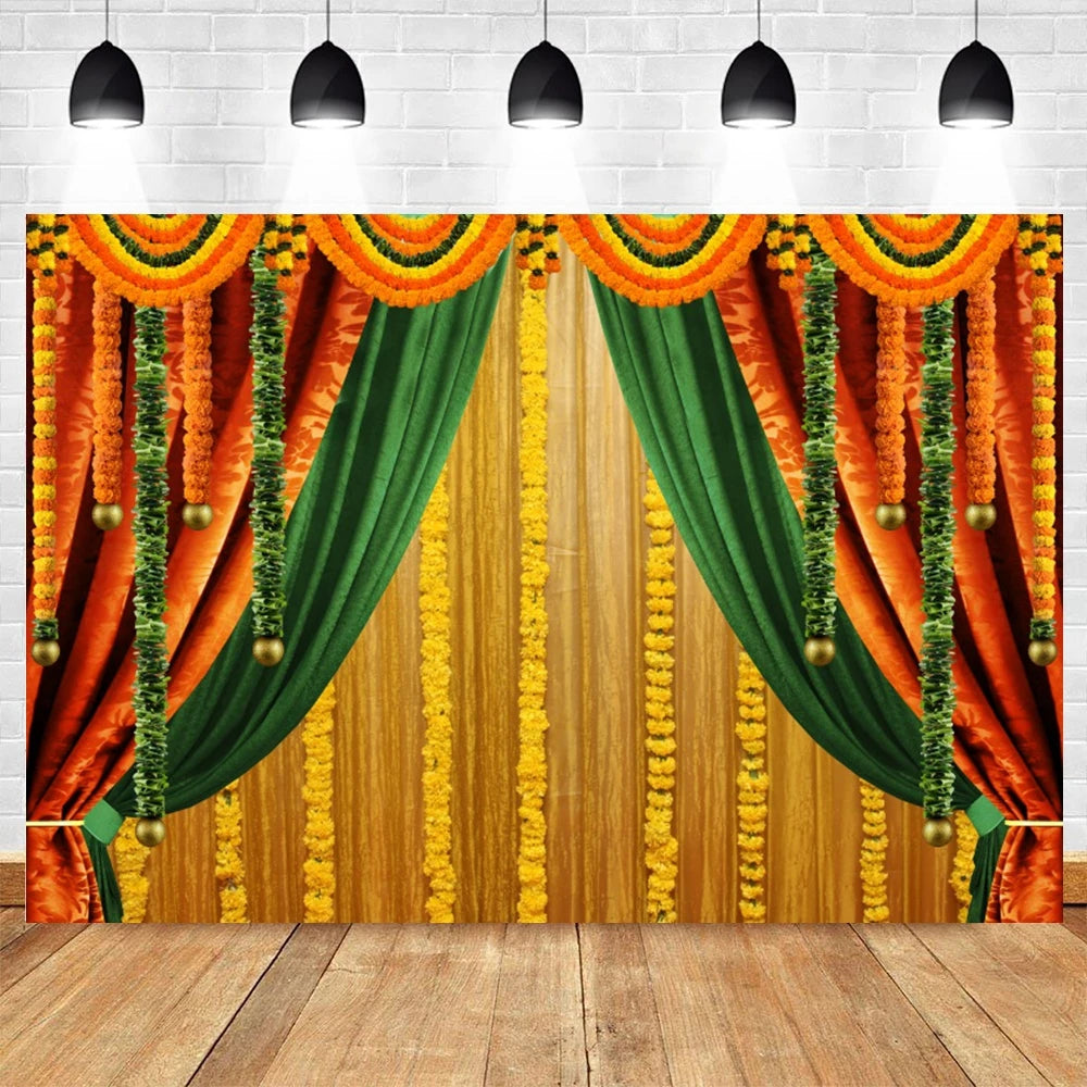 Indian Traditional Photography Background Marigold Green Leaf Hindu Indian Wedding Holi Flowers Garland Anniversary Backdrops