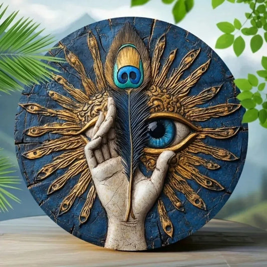1PC Vintage Greek Evil Eye Sign Wall Decor, Weathered Blue & Golden Design With Feather Detail, Perfect For Room Decor
