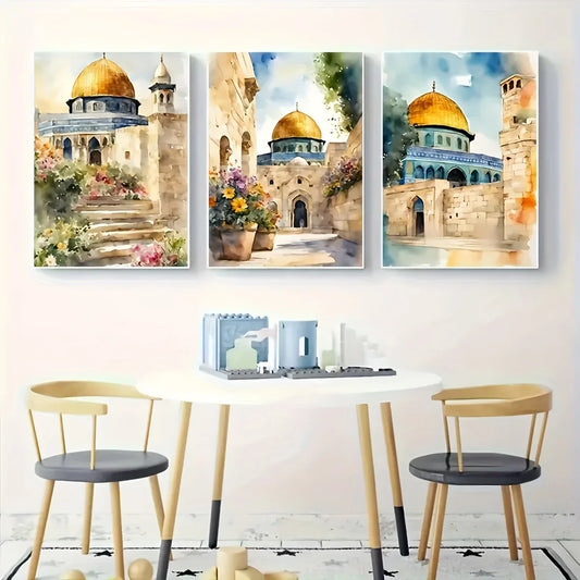 3pcs Al-Aqsa Mosque Canvas Art Prints, Retro Waterproof Unframed Wall Decor for Living Room, Bedroom, Office, Cafe, Bar - Framel