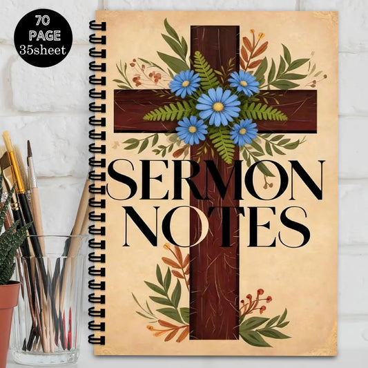 1PC Vintage Cross Floral Spiral Notebooks, Sermon Notes Journal for Church Service, Bible Study, Faith Reflection, Prayer Log, I