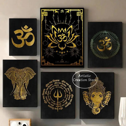 Golden Om Hindu Symbol Ganesha Poster  Indian God Canvas Prints Wall Art for Living Room Bedroom  Minimalist Decor Spiritual Hom