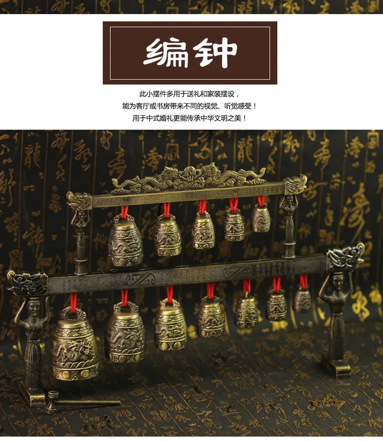 Chinese Old Meditation Gong with 7 Ornate Bell with Dragon Design Chinese Musical Instrument Bronze Metal Handicraft Home Decor
